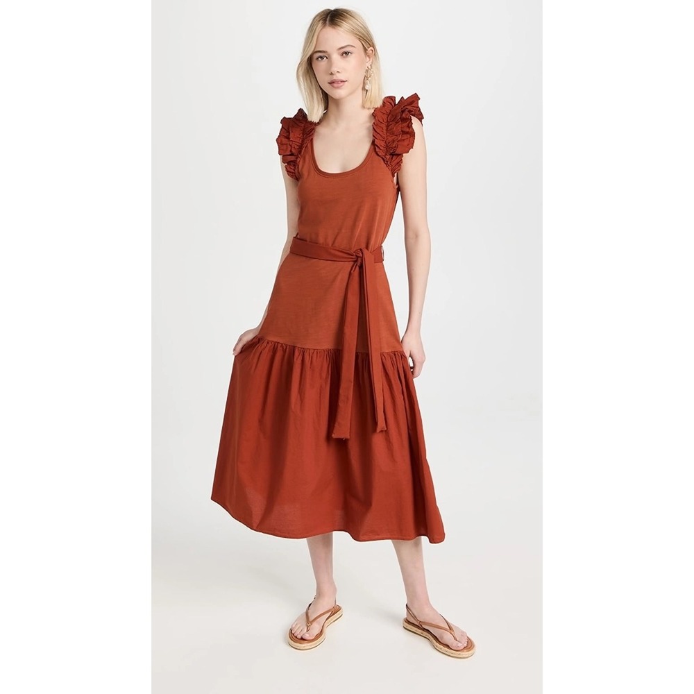 Nation LTD Everleigh Frilly Dress XS Ruffle Sleeve Midi Burnt Orange 100% Cotton